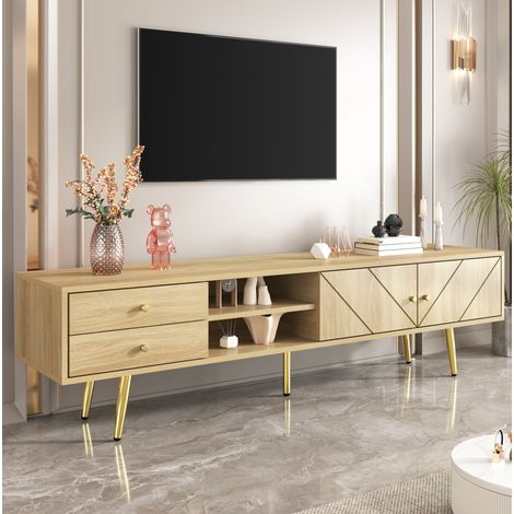 Mobile TV in MDF e pannello truciolare color legno 160x36x42 cm con 2 cassetti, 2 ante scanalate, 2 vani aperti e piedi dorati (1/5)