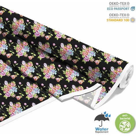 OUTDOOR DEKOSTOFFE OXFORD - Motiv Sträuße auf einem schwarzen