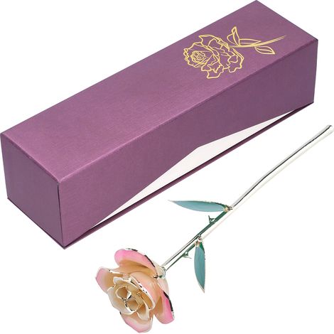 Décoration cadeau pour la Saint-Valentin : fleur en rose blanche et rose plaquée or 24 carats, base de feuille verte (1/5)