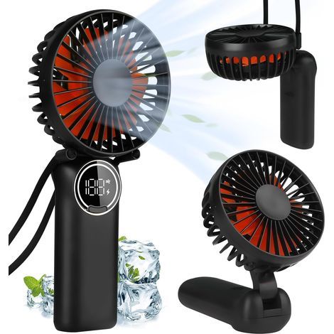 Ventilateur portable, mini ventilateur de bureau rechargeable avec affichage LED, ventilateur personnel pliable à 180° avec cordon pour un port autour du cou, ventilation puissante et-AquaForge (1/5)
