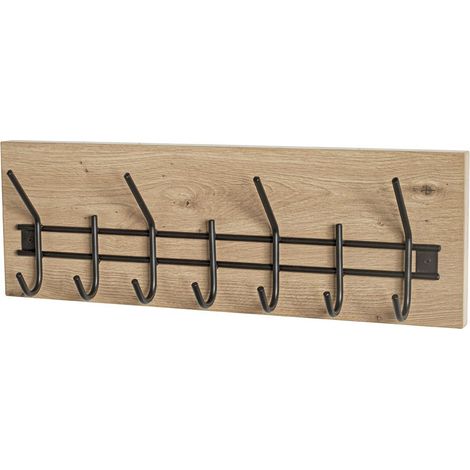 Garderobe murale, patère murale en bois coloris chêne clair et métal noir -longueur 60 x profondeur 10 x hauteur 20 cm