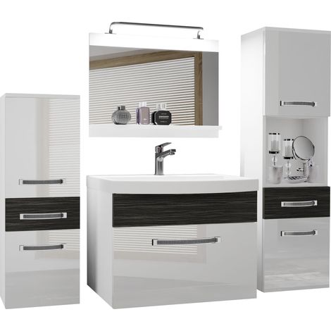 Belini Badezimmer Badmöbel Set Vollausstattung mit Waschbecken Unterschrank Waschtisch Spiegel Lampe Möbel Weiß Königliches Ebenholz Glänzend Matt (1/5)