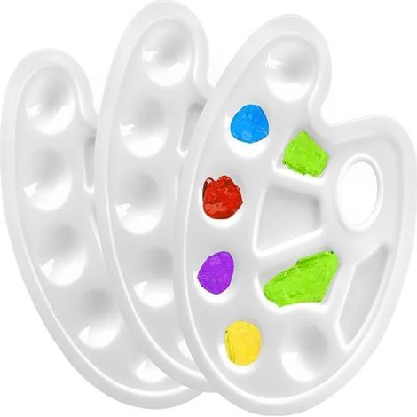 Palette de peinture - 6 godets ronds et 4 zones irrégulières - avec trou pour le pouce - plastique - réutilisable - blanche (1/5)
