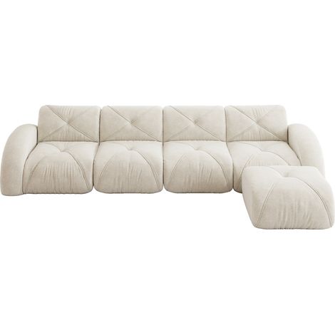 Sofá modular en L de chenilla beige claro, 4 plazas, con chaise longue, sin montaje, con reposapiés (1/5)