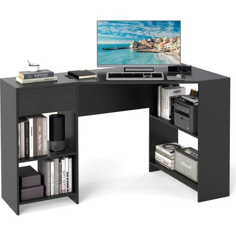 COSTWAY L-Shaped Computer Desk Compact Corner Executive Desk w/Storage-Black (1/5)