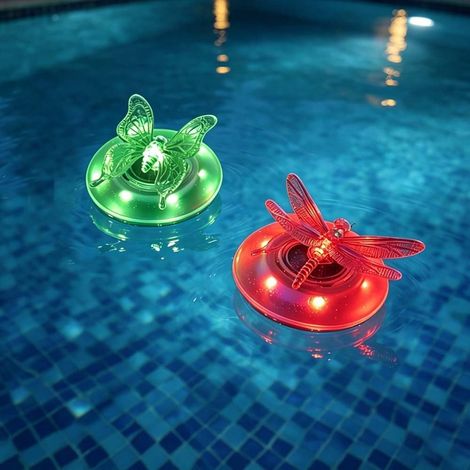 Lot de 2 lampes solaires flottantes pour piscine et bassin, motif papillon et libellule, couleurs changeantes, étanches, pour jardin et terrasse. (1/5)