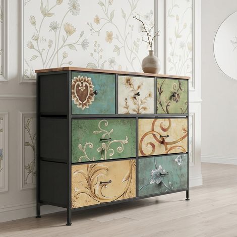 Commode avec 5 tiroirs Vert 100 cm - Meuble de Rangement et poignées noires, motif Vintage, cadre en métal noir, adaptée au salon, chambre à coucher (1/5)