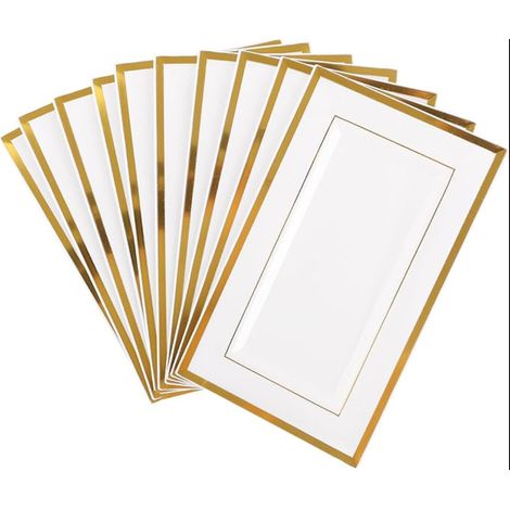 Plateau de Service Rectangulaire, Assiettes en Plastique Réutilisables 33 x 20 x 1,5 cm, Blanc Bord Doré pour Buffet, Traiteur, Mariage, Anniversaire, Fête (1/5)