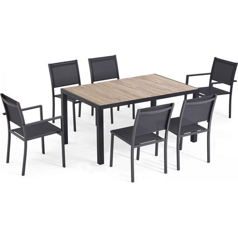Oviala – Ensemble table de jardin 6 places en aluminium et céramique imitation bois – Table rectangulaire 146 cm – Chaises empilables en textilène