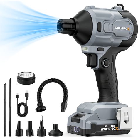WORKPROX Souffleur à Air Comprimé sans Fil 20V  Souffleur Électrique Rechargeable USB-C, Moteur Sans Balais, 4 Vitesses Réglables, Fonction Soufflage/Aspiration