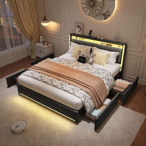 Bettgestell 160x200 cm grau mit LED, 4 Schubladen, Lattenrost und USB/Type-C-Anschlüssen