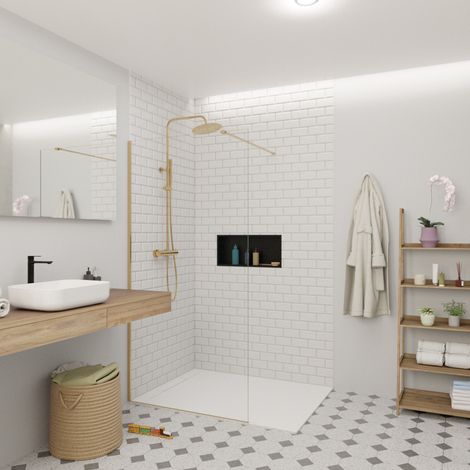 Swiss Aqua Technologies Mampara Walk-in 90x200cm 8 mm antical Crystal Glass®, con brazos y perfiles de latón (SATBWI90PRMO)