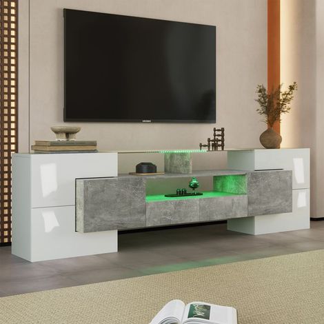 Mueble de TV moderno, Blanco brillante, con iluminación LED, 6 puertas, 2 cajones, mueble de salón, 200 x 35 x 60 cm