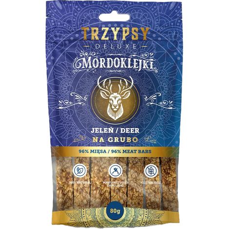 Friandises pour chiens Trzypsy Deluxe, barres de viande plus épaisses, saveur cerf, 80 g