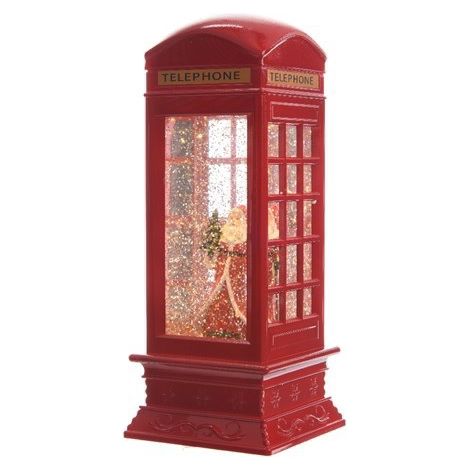 Water Snowstorm Phone Box with Farther Christmas - 27cm - Warm White LED's