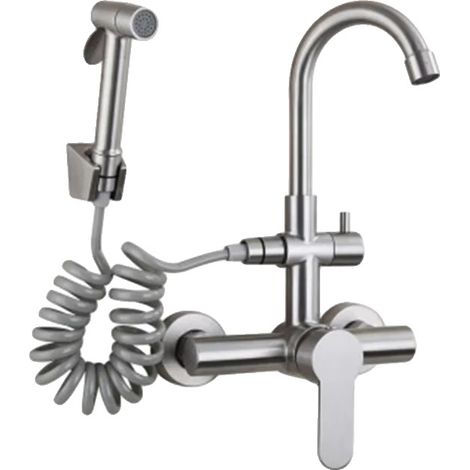 Wandmontierte Küchenarmatur, Edelstahlkonstruktion, drehbarer Auslauf, Bürstetes Nickel (1/2)
