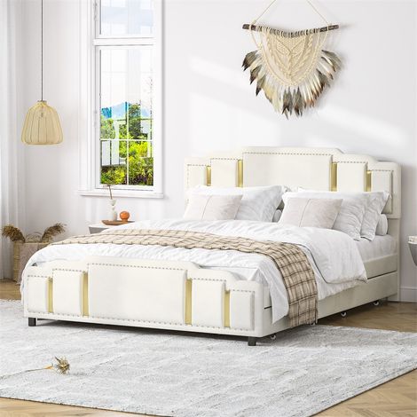 Lit Double 160x200 cm - Cadre de Lit Velours avec 4 Tiroirs, LED Multicolore et Finition Acier Inoxydable - Beige (1/5)