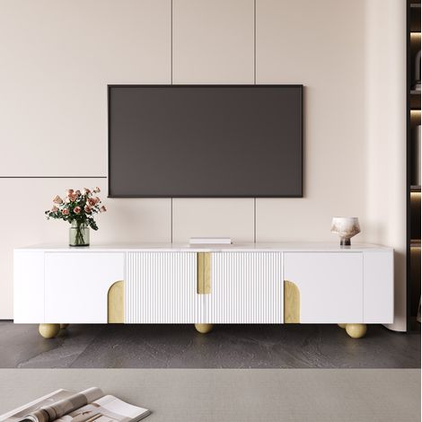 Weiße TV-Kommode 180 cm, 4 Türen, Marmor-Effekt, Holzfüße HAVRYA