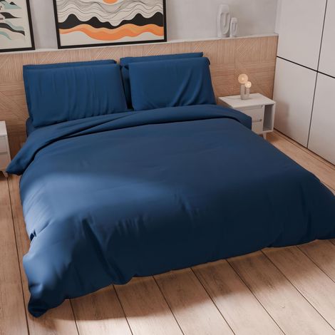 Parure de lit Une Place et demie 200 x 200 cm (2 taies d'oreiller 75 x 50 cm incluses), Housse de Couette en Microfibre Douce Couleur Unie Bleu Nuit (1/5)