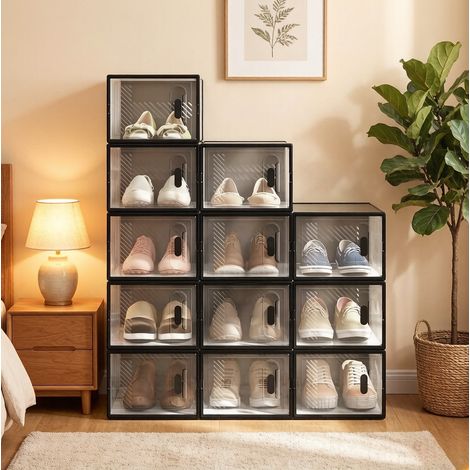 Meuble chaussures 12 boîtes empilables plastique noir HAVRYA (1/5)