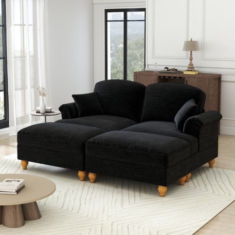 Canapé 2 places modulaire en chenille avec pouf, jupe amovible, pieds fuselés - Noir (1/5)