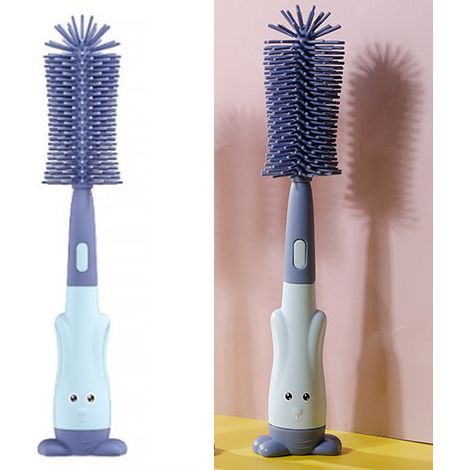 Brosse en silicone pour nettoyer les biberons, en forme de lapin, avec un long manche, sans emballage, bleue. (1/5)