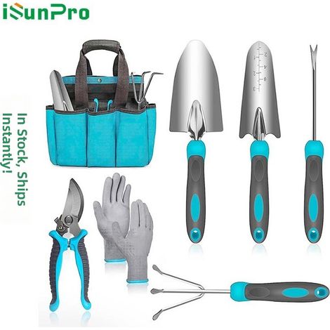 Ensemble d'outils de jardin 7 pièces en acier inoxydable, bleu-gris, comprenant une pelle et truelle (1/4)