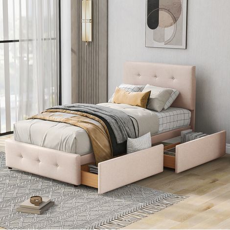 Cama tapizada clásica 90x200 cm beige, terciopelo, con cabecero, somier de láminas y 1 cajón (1/5)