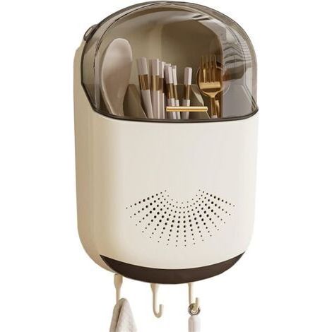 Wandmontierter Essstäbchenhalter, belüfteter Besteckkorb, Besteckorganizer aus Kunststoff mit Abflusslöchern, Haken an der Unterseite, Deckel, wandmontierter Utensilienorganizer (1/5)