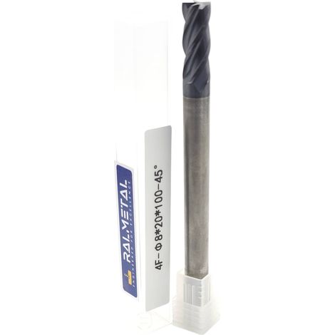 Fresa in metallo duro integrale 8 x 20 x 100 mm, 4 taglienti, durezza 45 HRC (1/4)