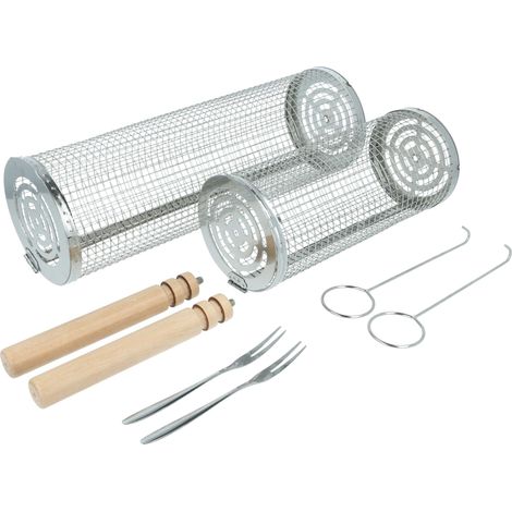vhbw 2x Round Grill Basket Set Consisting of Large & Small for Grills - Stainless Steel, with Removable Wooden Handle