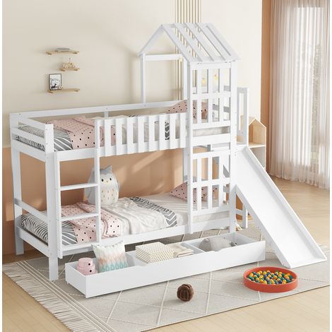 Letto a castello per bambini in legno massello e MDF bianco 90x200 cm con scivolo e cassetto su ruote (1/5)