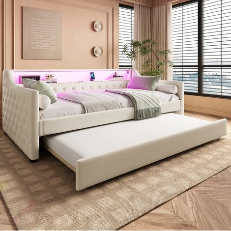 Lit gigogne en lin beige 90x200 cm avec sommier à lattes, LED et ports USB (1/5)