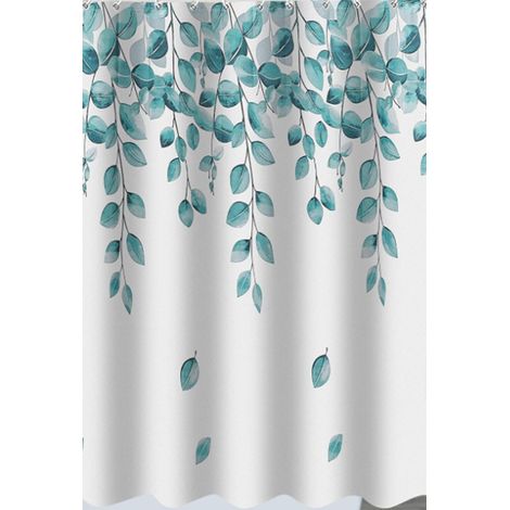 Rideau de Douche 180x200cm, Rideau Douche Tissu Polyester Imperméable Lavable en Machine avec Ourlet Inférieur Lesté et 12 Crochets pour Salle de Bain, Feuilles Vert, Vert et blanc (1/5)