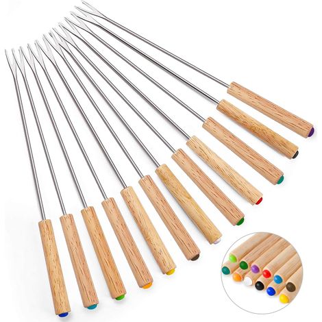 Set aus 12 Edelstahl-Fonduegabeln, 9,5 Zoll lange Käsefonduestäbchen mit Holzgriffen, für Käsefondue, geröstete Marshmallows und Früchte.