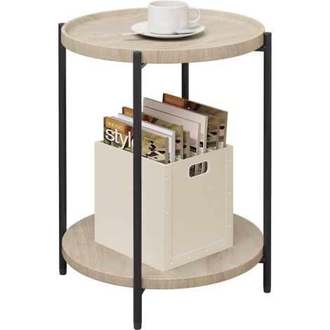 WOLTU Round Coffee Table with 2 Shelves. Living Room Table with Removable Table Top. Bedside Table Sofa Table Telephone Table for Living Room Bedroom Made of MDF Metal Light Oak