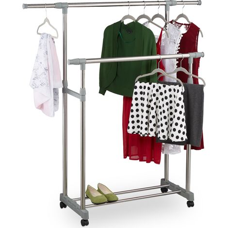 Relaxdays Burro Ropa 2 Barras Perchas, Guardarropa sobre Ruedas, Altura Ajustable: 95-165cm, Ancho: 94-160cm, Plateado
