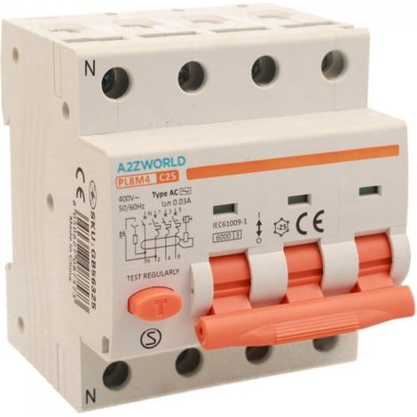 RCBO Interruttore Magnetotermico Differenziale Tipo AC Curva C 3P+N 4M 6000A 30mA C25A AC 400V IP20 IEC61009-1 PL8M4