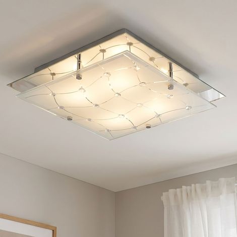 Plafonnier avec cristaux plafonnier en verre lampe de couloir lampe de salon, dépoli, 4x 3W 4x 255lm blanc chaud, LxPxH 32x32x7,5 cm (1/5)