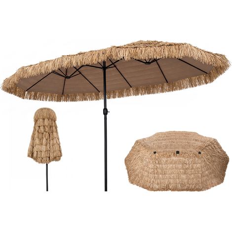 Parasol Double Tropical en Paille 4,5x2,7m, Parasol de Plage Exterieur XXL avec Manivelle Lisse, 12 Baleines&Goupille Réglable, Protection Solaire (1/5)