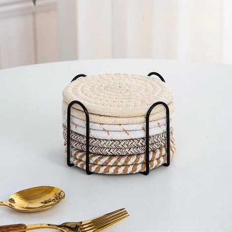 Ensemble de 8 sous-verres (avec support de rangement), absorbants, pour tables basses, ensemble minimaliste en coton tissé (1/5)
