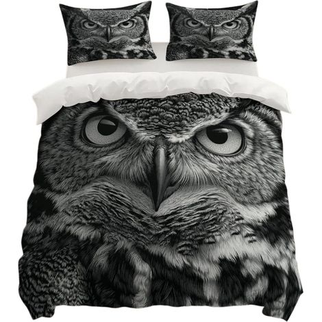 Parure de lit hibou 3D, microfibre, noir et gris, avec taie d'oreiller. F-155X220 (1/4)