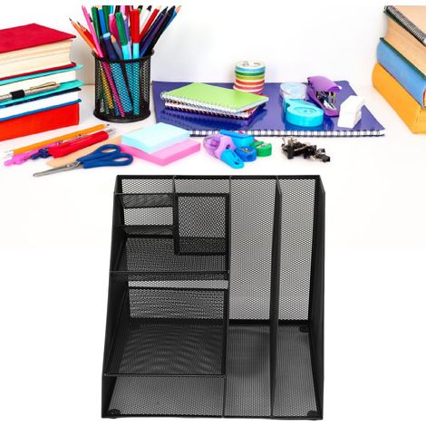 025 Noir - Porte-stylo incliné, porte-documents de bureau en métal avec pochettes à grille, organisateur et support de rangement pour dossiers, idéal pour les bureaux, les écoles et les domiciles, noi (1/5)