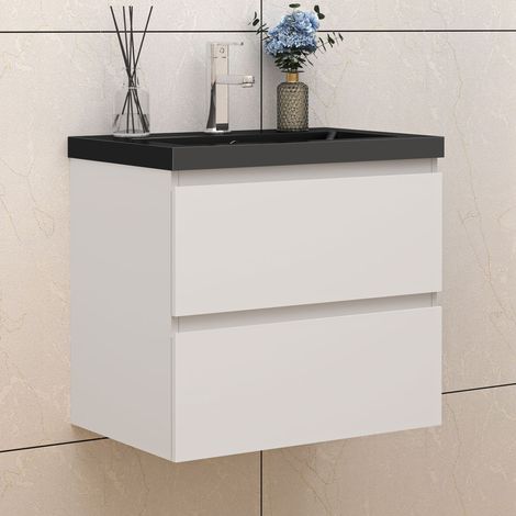 Badezimmer Badmöbel-Set 60cm Unterschrank mit Schwarz Mineralguss waschtisch 2 Schubladen Weiß Matt soft close Selbstmontierter (1/5)