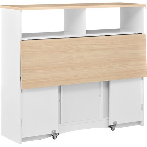 Isla de cocina con encimera abatible, baldas ajustables, huecos abiertos y 2 taburetes, en MDF, 110 x 34-68 x 97,5 cm, blanco (1/5)