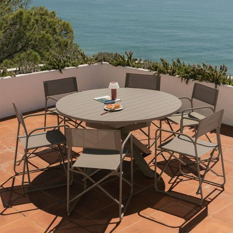 Set da tavolo 145-200x145 cm allungabile in alluminio Barces e 6 sedie da regista pieghevoli da giardino in acciaio Melida SKLUM
