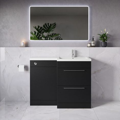 Napoli 390 Nero Oak 1100mm 2 Drawer Vanity Unit Toilet Suite with Square Right Hand Lucia Basin - 1100mm - Chrome 320mm HandleWithout Kingston Toilet Pan