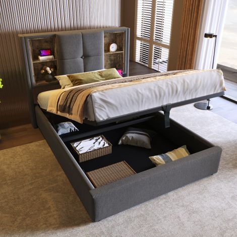 Lit coffre enfant 90x200 cm, tête de lit avec rangement et chargement sans fil USB C, sommier à lattes en bois, en coton gris, sans matelas (1/5)