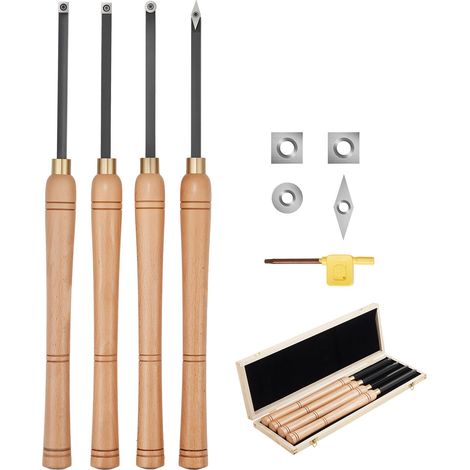 Outils Tournage pour Tour à Bois, 4 PCS, Ciseaux à Bois avec Fraises en Carbure Ronds et Carrés Diamantés, Coffret de Rangement, Manche Confortable pour Travail de Détail, Débutant, Amateur, Pro