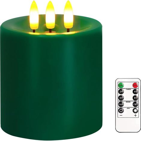 Grandes bougies LED sans flamme vacillantes de 10,2 x 10,2 cm, en cire véritable avec télécommande et minuteur, fonctionne à piles pour fête de mariage, Noël, décoration d'intérieur (vert) (1/5)